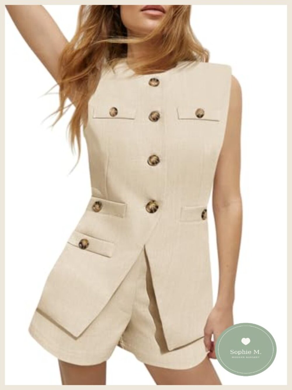Women's 2 Piece Sleeveless Linen Vest and Shorts Set Suit